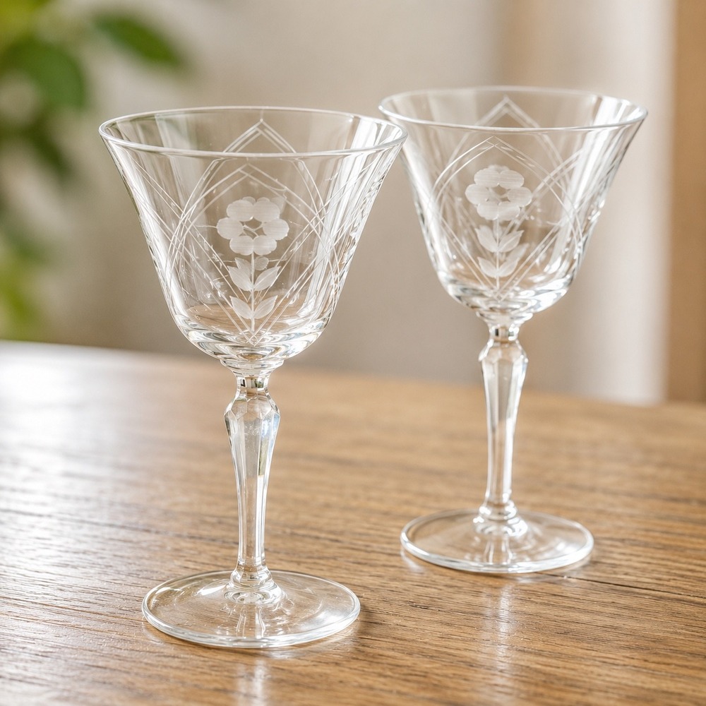 Pair of Vintage Etched Floral Crystal Aperitif Cordial Glasses Clear Stemware